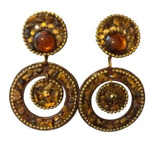 Michele Sugar Statement Clip-On Earrings Gold Tone Tiger's Eye Brown Crystal